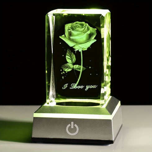 3D Laser Rose Crystal with Light Base Perfect Gift